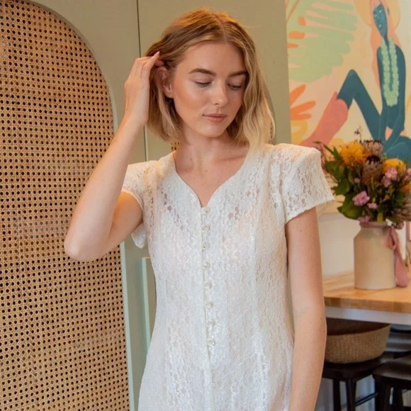 90s Lace Short Sleeve Button Front Ankle Length Dress - Picture 7 of 10